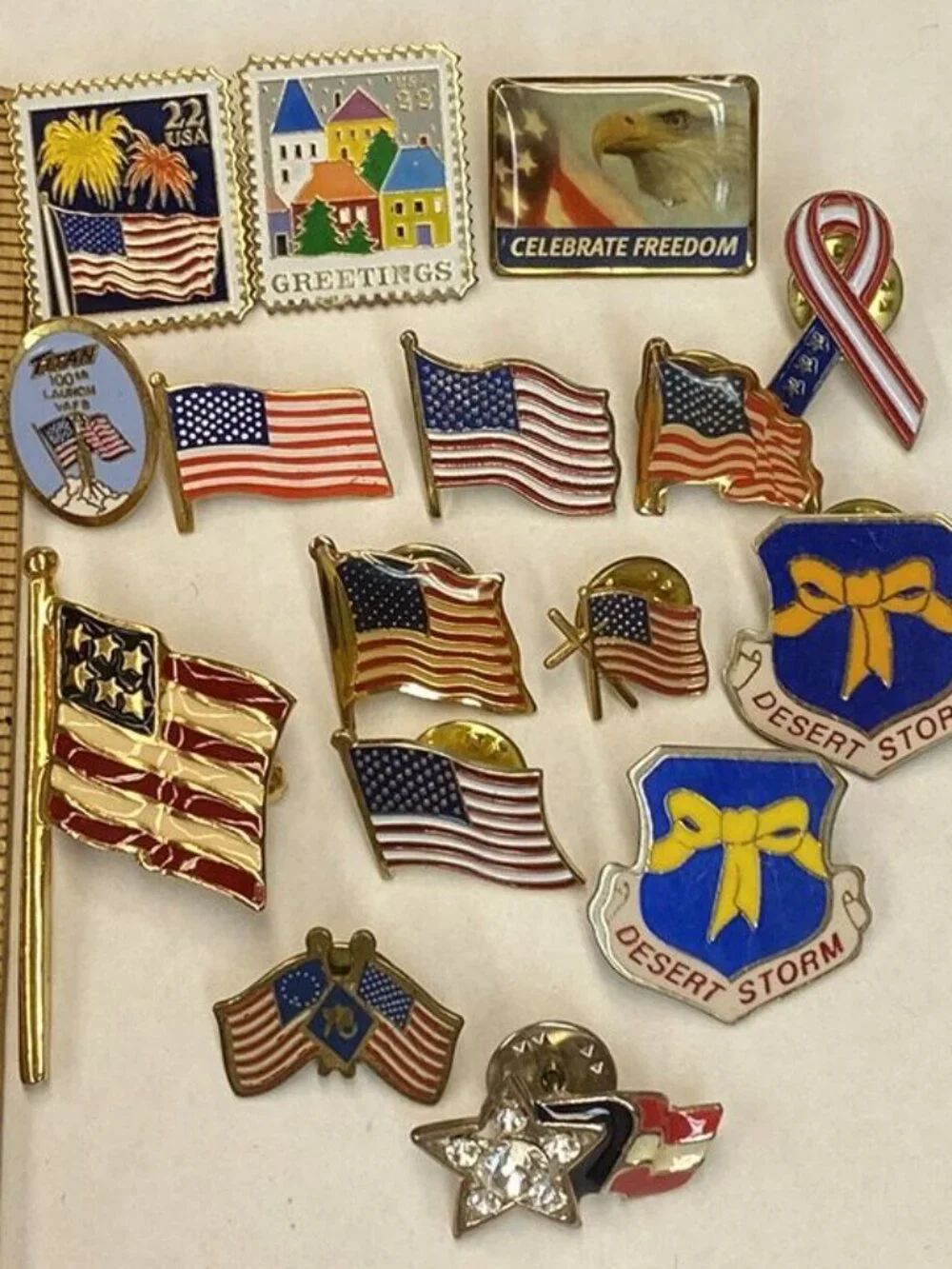 Enamel Pin LOT 16 Flags US Postage Stamps 1776 Yellow Ribbon Desert Storm Titan